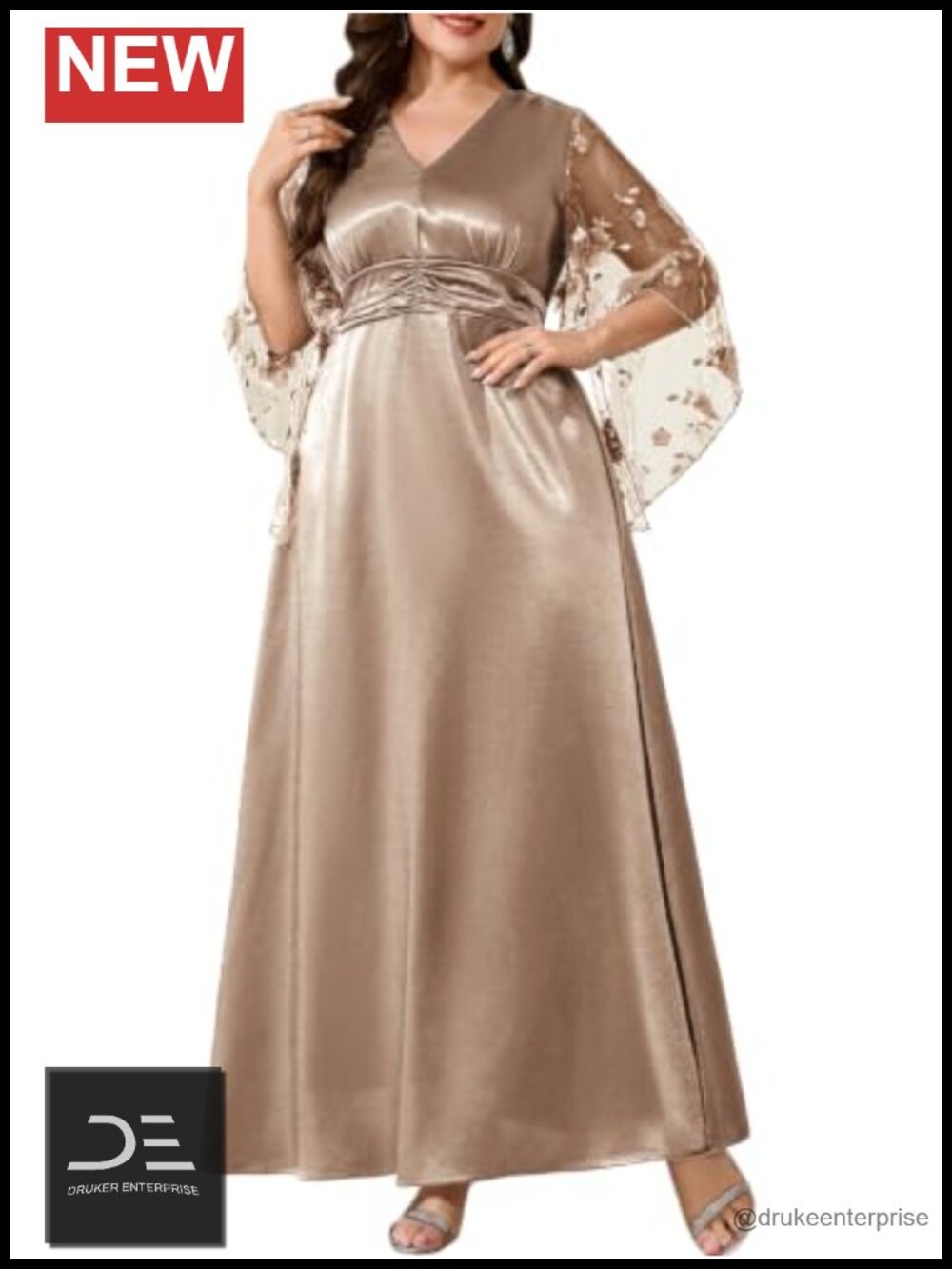 Plus Size Satin Dress 3D Floral Sleeve Wedding Guest